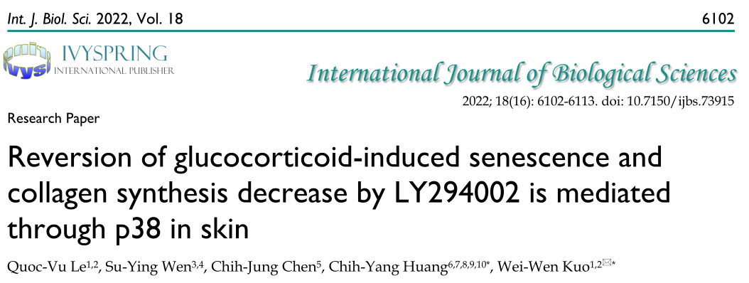 Int. J. Biol. Sci: LY294002通過皮膚p38逆轉糖皮質激素誘導的衰老和膠原合成減少